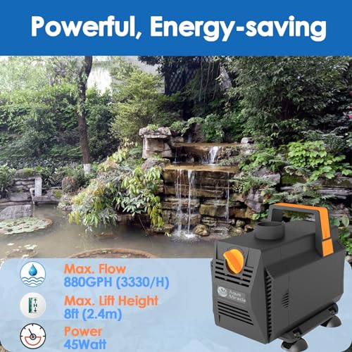 AquaMiracle 880GPH Submersible Water Pump Pond Pump(3330L/H, 45W), Water Fountain Pump Aquarium Water Pump with Flow Control for Fish Tank, Waterfall, Statuary, Filtration, Water feature, Hydroponics - style: WP880 (880GPH)