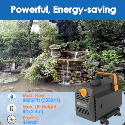 AquaMiracle 880GPH Submersible Water Pump Pond Pump(3330L/H, 45W), Water Fountain Pump Aquarium Water Pump with Flow Control for Fish Tank, Waterfall, Statuary, Filtration, Water feature, Hydroponics - style: WP880 (880GPH)