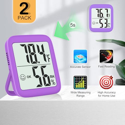 2 Pack Room Thermometer Indoor Hygrometer | Monitor Temperature & Humidity, Accurate, Fast Read, Easy To View, Magnetic/Kickstand/Hanging, ℉/℃, w/ Battery, Compact - color: 2 Pcs* Lavender Purple