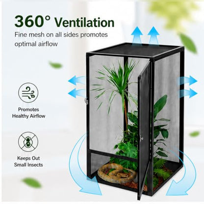 Reptile Cage, 44lbs Capacity Vertical Reptile Terrarium, Front Opening Chameleon Enclosure with 360° Observation, 4 Side Metal Mesh for Beetles Tree Frog Spider Arboreal Reptile 32"x18"x18"