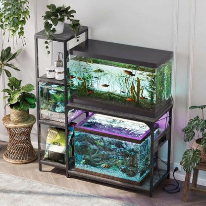 VOWNER 20-29 Gallon Fish Tank Stand with Power Outlet, Wood Aquarium Stand with Shelves for Fish Tank Accessories Storage, Heavy Duty Metal Frame, Turtle Reptile Terrarium Stand, Load 500lb, Grey - color: Grey