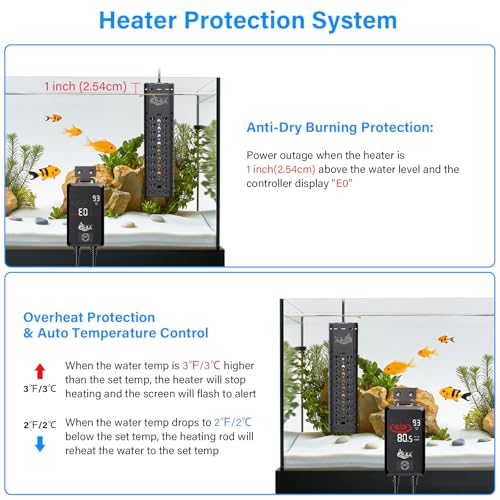 AQQA Fish Tank Heater 1000W for 135-258 Gallon Aquarium | Quartz Glass, Betta Fish Submersible Heater Thermostat, Intelligent Controller, Freshwater and Saltwater, AQ197-1000W - size: 1000W (for 135-258Gal Tank)