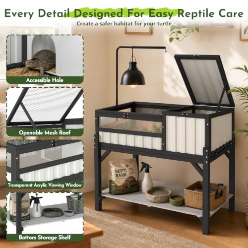 Large Tortoise Habitat with Storage Shelf, Wooden & Plastic Tortoise Enclosure with Adjustable Lamp Stand, Viewing Window, Pull-Out Tray, 2-Room Indoor Outdoor Reptile Turtle House - size: 39"L x 22.8"W x 33"H