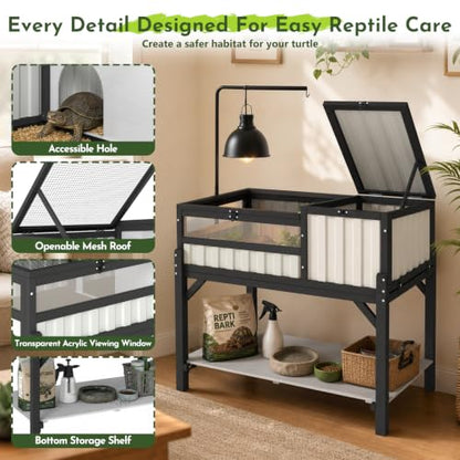 Large Tortoise Habitat with Storage Shelf, Wooden & Plastic Tortoise Enclosure with Adjustable Lamp Stand, Viewing Window, Pull-Out Tray, 2-Room Indoor Outdoor Reptile Turtle House - size: 39"L x 22.8"W x 33"H