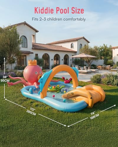 Airefina Inflatable Kiddie Pool, Detachable Octopus King Toddler Pool with Water Slide Splash Pad, Inflatable Play Center with Turtle Toss Target for Backyard, Garden, Water Park, Ages 3+ - size: Octopus King