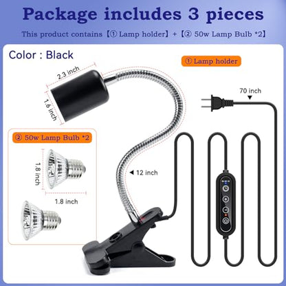 Black 50W UVB/UVA Heat Lamp with Timer for Turtles & Reptiles | 360° adjustable head with heavy-duty metal clamp; heat switch & timer. Provides basking warmth for tortoises & puppies. - color: Black