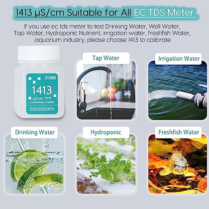 1413 μS/cm Calibration Solution Conductivity Salt Standard Buffer Solution | EC Buffer Liquid for Salinity Tester, EC Meter, TDS Meter, 4 in 1 Multi-Parameter Tester Calibration, 4 Bottles of 50mL - color: BLUE