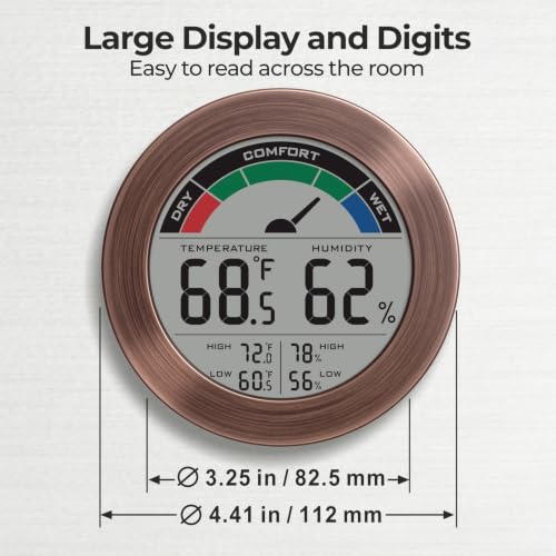 Digital Hygrometer Indoor Thermometer Humidity Meter Room Temperature Humidity Monitor, Metal Frame with Brushed Stainless Finish, DM9442 (Bronze) - color: Bronze