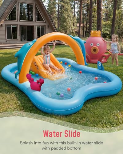 Airefina Inflatable Kiddie Pool, Detachable Octopus King Toddler Pool with Water Slide Splash Pad, Inflatable Play Center with Turtle Toss Target for Backyard, Garden, Water Park, Ages 3+ - size: Octopus King