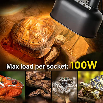 Simple Deluxe Reptile Lamp Fixture Aluminum Dome Light Dual Deep Cap Integration Design Heat-Lighting Lamp Double Sockets Bulbs Holder with Independent Switches, for Terrarium, Turtle Tank, Black - size: 1 Pack