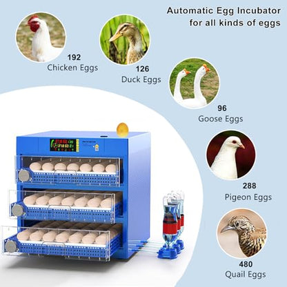 Automatic Eggs Incubator, Large Incubators for Hatching Eggs | Automatic Egg Turning & Temperature Control, Poultry Hatcher Machine for Chicken Duck Goose Quail Bird (192 Eggs)