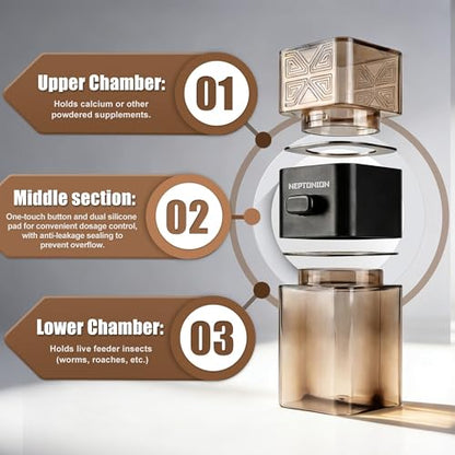 【Metered Dose; ~0.4 g/Press】 Reptile Calcium Powder Mixer, Cricket Keeper Dispenser Feeder, One-Click No-Mess Duster for Chameleon, Gecko, Lizard & Frog