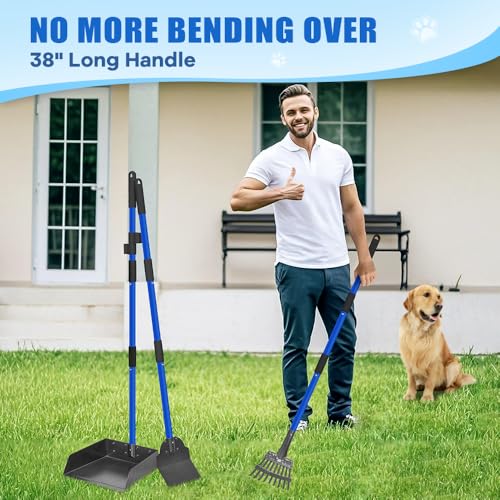 Larger Dog Pooper Scooper for Large Medium Small Dogs Stainless Steel | Heavy Duty No Bending with Rake & Shovel & Extra Large Tray for Yard - color: 2.Blue with black