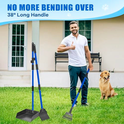 Larger Dog Pooper Scooper for Large Medium Small Dogs Stainless Steel | Heavy Duty No Bending with Rake & Shovel & Extra Large Tray for Yard - color: 2.Blue with black