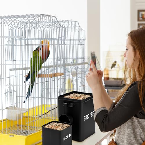 Reallnaive 2 Pcs Metal Bird Seed Container with Scoop,Black | Bird Feed Storage Container with Fitted Lid, Farmhouse Style Ideal Gift for Birds and Pet Owners - color: Black