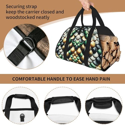 Augenstern Large Snake-Scales-Pattern Firewood Carrier Bag, 600d Oxford Cloth Log Tote with Reinforced Handles, Open-End Wood Hauling Bag for Fireplace, Wood Stove, Camping and Outdoor Storage
