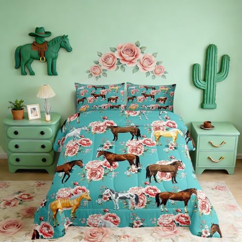 Erosebridal Girls Horse Comforter Set - Full Size Pink Flower Bedding Set for Kids - Galloping Horse Down Comforter - Quilt Set for Women, Cowboy Cowgirls - color: Multi 51, size: Full