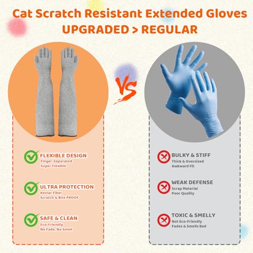 Cat Gloves Bite Proof, Grooming Gloves for Cats with Aramid Fiber Protection, 16 Inch Arm Coverage for Handling and Veterinary Use, Flexible Finger Design for Precise Control