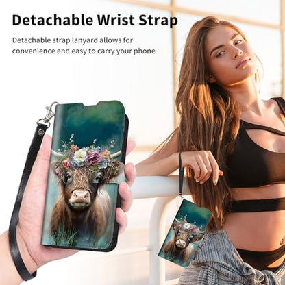 for Cricket Outlast 5G Phone Case 2024,AT&T Motivate Pro 5G Phone Case with Card Holder & Kickstand & Wrist Strap Wallet Flip Folio Leather Magnetic Protective Cover,Cute Highland Cow - color: Cute Highland Cow, size: Cricket Outlast 5G 2024/ATT Motivate