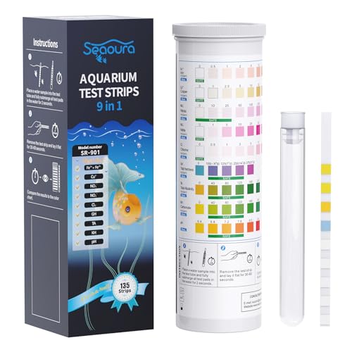SEAOURA 9-in-1 Aquarium Test Strips 135ct Fresh Salt Water Fish Tank Pond | Tests pH Nitrate Nitrite Chlorine Detects GH KH Iron & Copper Levels Fast Read Accurate Water Results