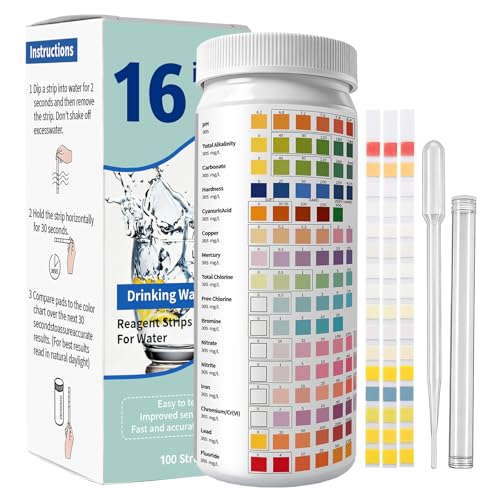 16-in-1 Universal Test Strips - 100pcs Reliable pH Testing Strips Kit for Liquid Testing, Quick Get Highly Accurate Results in Seconds, Drinking Water, Aquarium, Pool, Hot Tub, Spa