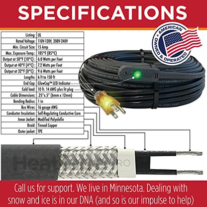 RADIANT SOLUTIONS HeatTapePro - Intelligent Commercial Grade Self-Regulating Heat Cable with GlowCap™ - 10 YR warranty - Ice Dam & Pipe Freeze Protection - 24 ft cable + 10 Ft Cord, 120V, 6 watts/Ft - style: Heat Tape Pro (24 FT)
