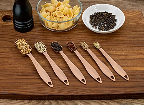 6-Piece 18/8 Stainless Steel Measuring Spoons Set, Rose Gold | Six Engraved US and Metric Sizes From 1/8 TSP to 1 Tbsp Fit Narrow Spice Jars and Stay Together On an O-shaped Ring - color: Rose Gold, size: 6 Piece
