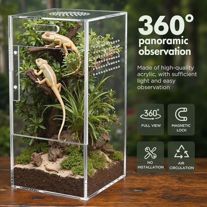 Pre-Assembled Jumping Spider Enclosure, All-Side Ventilation | 5"×5"×10" Escape-Proof Acrylic Habitat Terrarium with Magnetic Door for Jumping Spider, Tarantula, Praying Mantis, Snail - size: Large Vertical (5"×5"×10")
