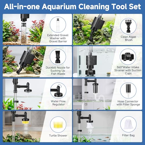 AQQA Aquarium Gravel Vacuum Cleaner, 8-in-1 Electric Fish Tank Cleaner with Automatic Water Change,320GPH Strong Suction, Anti-Clog Gravel Barrier,Sand Washer, Vacuum Cleaner for 15.7-30in Tank Height