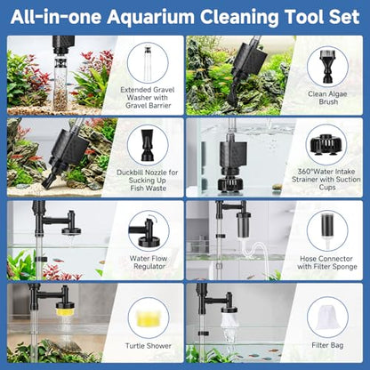 AQQA Aquarium Gravel Vacuum Cleaner, 8-in-1 Electric Fish Tank Cleaner with Automatic Water Change,320GPH Strong Suction, Anti-Clog Gravel Barrier,Sand Washer, Vacuum Cleaner for 15.7-30in Tank Height