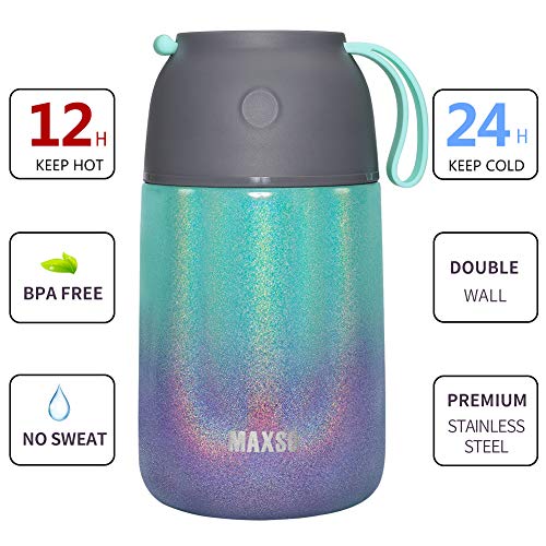 MAXSO 2 Pack Soup Thermo for Hot & Cold Food for Kids Adults, Vacuum Insulated Food Jar Thermal Lunch Containers, Travel Food Flask with Spoon (24 oz,17 oz) (Glitter Rainbow) - color: Rainbow
