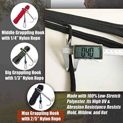 Grappling Hook with Rope-Includes Nylon Rope 6/8/10mm 50FT,Large Grapple Hook(Heavy Duty) and Double Carabiner,for Magnet Fishing/Drag/Tree Limb Removal - style: Max+2/5″rope-black