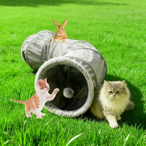 2-Way Collapsible Cat Tunnel Tube Toy Pack Set | Interactive Play Tunnel with Ball and Wand Toy for Indoor Cats, Kittens, Puppies & Rabbits - color: Grey fleece