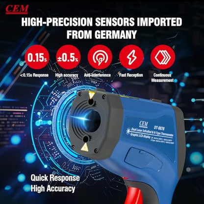 CEM DS 50:1 Infrared Thermometer Temperature Gun,-58°F to 2192F°Adjustable Emissivity IR Temp Gun,Dual Laser HVAC Cooking Pyrometer,0.15S Response Thermal Heat Leak Detector with K-Type Probe&USB