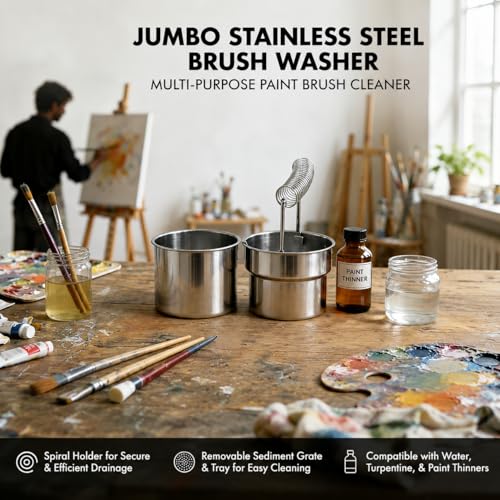 Double Layer Paint Brush Washer, Stainless Steel Oil Paint Brush Cleaner with Spiral Holder, Removable Strainer and Wash Tank for Oil, Acrylic, Watercolor