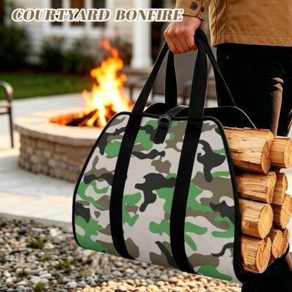 Woodland Camo Print Firewood Transport Bag Log Storage Tote | Large Capacity, Padded Handles, Open-Ended Design, Fits Home Fireplace, Camping Travel Backyard Gatherings - color: Classic Woodland Light Camo Print