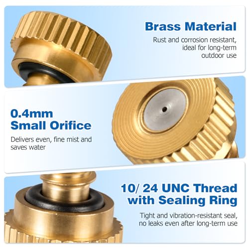 20 Pack Brass Misting Nozzles with 10 Pack Brass End Plugs, 0.02"/0.4mm Orifice 10/24 UNC Thread Replacement Misting Heads for Outdoor Cooling System, Ideal for Patio, Horse Barn, Dust Control