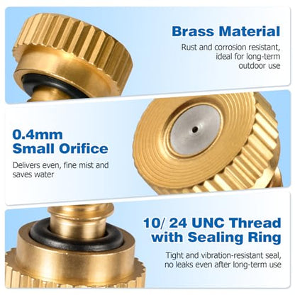 20 Pack Brass Misting Nozzles with 10 Pack Brass End Plugs, 0.02"/0.4mm Orifice 10/24 UNC Thread Replacement Misting Heads for Outdoor Cooling System, Ideal for Patio, Horse Barn, Dust Control