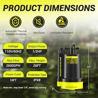 1/2HP Automatic Submersible Sump Pump, 5300 GPH Water Pump | 3/4" Garden Hose Check Valve Adapter, 2650 GPH Water Removal for Swimming Pool Cover Hot Tubs Flooded House Basement - color: Black-yellow