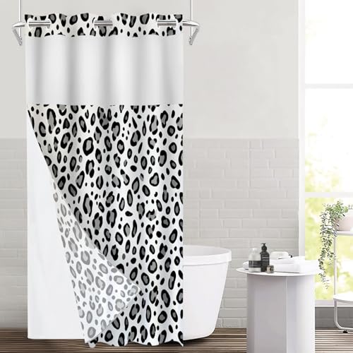 Animal Snow Black Grey No Hooks Shower Curtain with Snap in Liner Set, Leopard Print Pattern Animal Print Design Tub Curtainn Mesh Top Window & Magnetic Hem Waterproof 35.5X74 Inch - color: Animal Dapple Black2, size: 35.4"W x 74"L (Pack of 1)