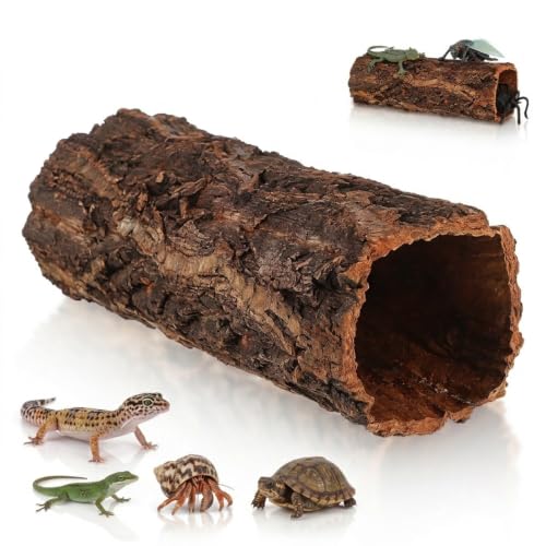 POPETPOP Reptile Hideout Cave with Hollow Tree Design, Natural Resin Material, Medium Size, Terrarium Habitat Shelter for Leopard Gecko, Lizard, Snake, Turtle, Hermit Crab | Round Cork Bark Tube, Wood Tree Trunk Shelter for Snakes, Lizards, Hermit Crabs,