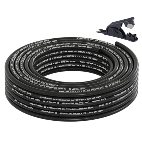 3/8" DOT Air Line, 50FT SAE J844 PA12 Nylon Air Tubing with Cutter | 3/8" DOT-Approved Brake Line, Flexible PA12 Nylon Tubing for Air Suspension Kit, Truck Trailer Brake System & Fluid Transfer - size: 3/8" OD 50FT