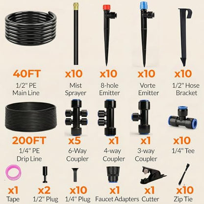 240FT Drip Irrigation System for Garden: 30 Nozzles 1/2" PE Tubing Automatic Watering Kit Adjustable Misting Sprinkler Mister 1/4" Hose for Water Plants Tape Raised Beds Lawn Outdoor Greenhouse - size: 240FT Quick Connect