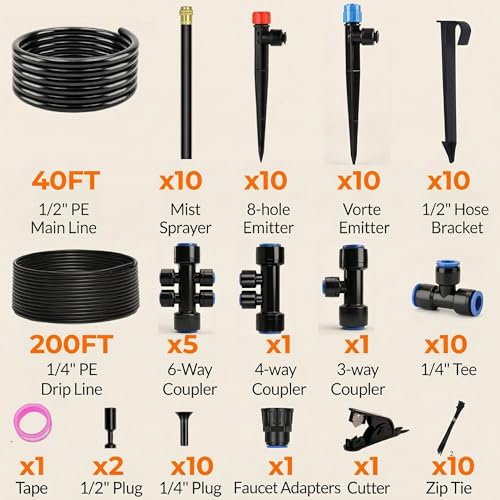 240FT Drip Irrigation System for Garden: 30 Nozzles 1/2" PE Tubing Automatic Watering Kit Adjustable Misting Sprinkler Mister 1/4" Hose for Water Plants Tape Raised Beds Lawn Outdoor Greenhouse - size: 240FT Quick Connect