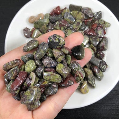 Erliway 7-9mm Dragon Bloodstone Healing Crystal Chips for Crafts, 100g | Natural Crushed Crystal Stones Tumbled Chips for Vase Filler Aquarium Gravel, Meditation Chakra Balancing, Candle DIY Making - color: Dragon Bloodstone