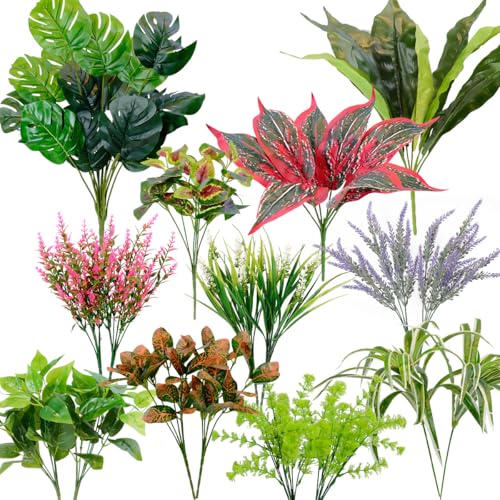 18 PCS Artificial Outdoor Plants, Fake Plants Mix | UV resistant faux plants with 10 varieties for window boxes, planters, porch, patio and garden decor - color: Tropical Rainforest Mix - Vibrant Multi