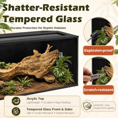 Bearded Dragon Tank, Reptile Enclosure, Tempered Glass Lizard Tank, Bearded Dragon Enclosure with Built-in Lamp Fixture and Wooden Roof for Chameleon (32x16x16 Inch, Black) - color: Black, size: 35 gallons