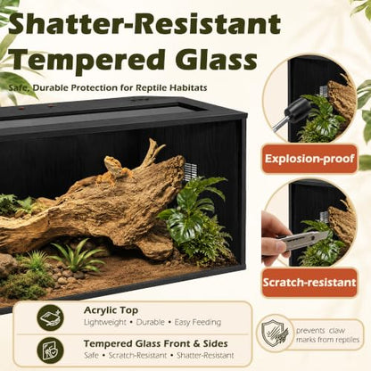 Bearded Dragon Tank, Reptile Enclosure, Tempered Glass Lizard Tank, Bearded Dragon Enclosure with Built-in Lamp Fixture and Wooden Roof for Chameleon (32x16x16 Inch, Black) - color: Black, size: 35 gallons