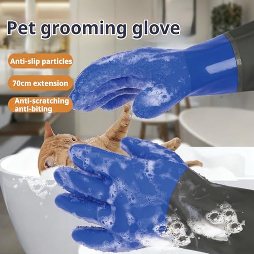 YOFANG Pet Grooming Washing Gloves,27.2" Extra Long Waterproof Rubber Bathing Gloves for Dogs & Cats,Anti-Bite & Anti-Scratch Hair Removal Cat Bath Gloves with 3000+ Massage Particles,Blue/Green ﻿ - color: Blue and Green