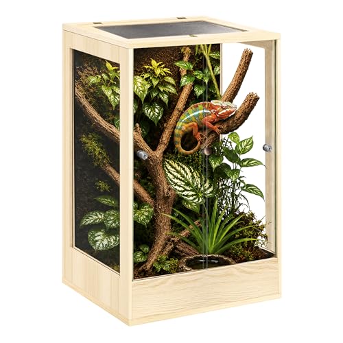 18" x 18" x 32" Tall Reptile Terrarium, 45 Gallon Glass Chameleon Cage, Vertical Crested Gecko Tank with Ventilated Mesh Top, Front Opening Rainforest Habitat, Oak - color: Oak, size: 18" L x 18" W x 32" H, 45 Gallon